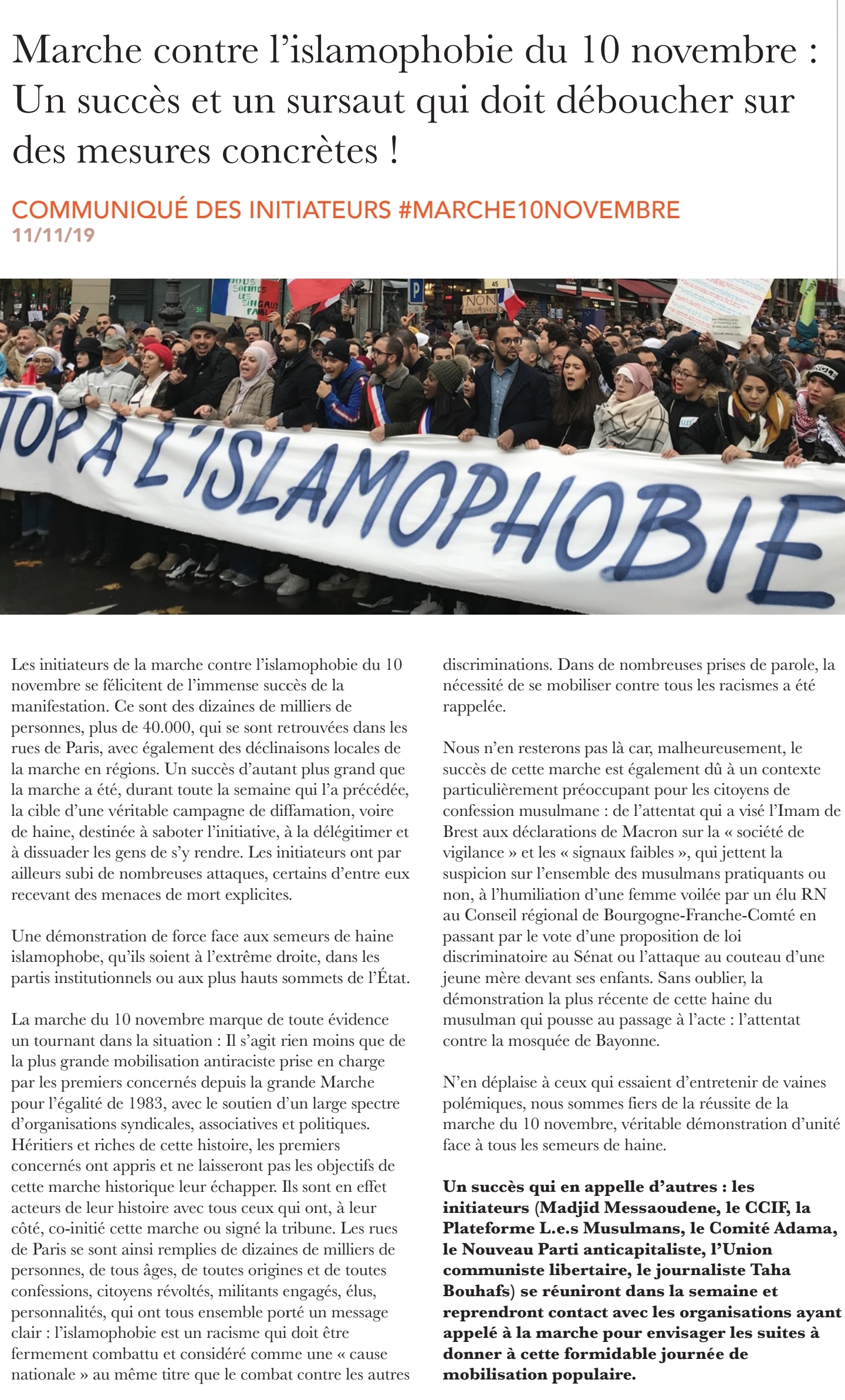11 NOV.: COMMUNIQUÉ DES INITIATEURS DE LA MARCHE DU 10 NOVEMBRE 2019